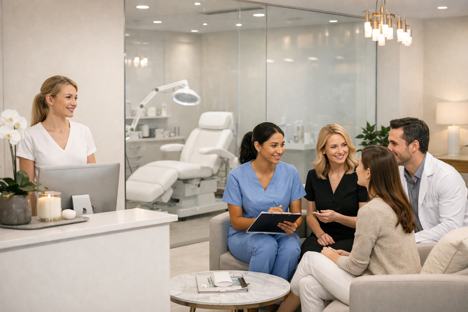 Team and visitors in a modern med spa