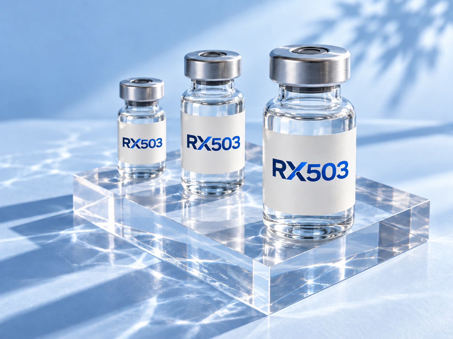 RX503 peptide vials on a clear display block