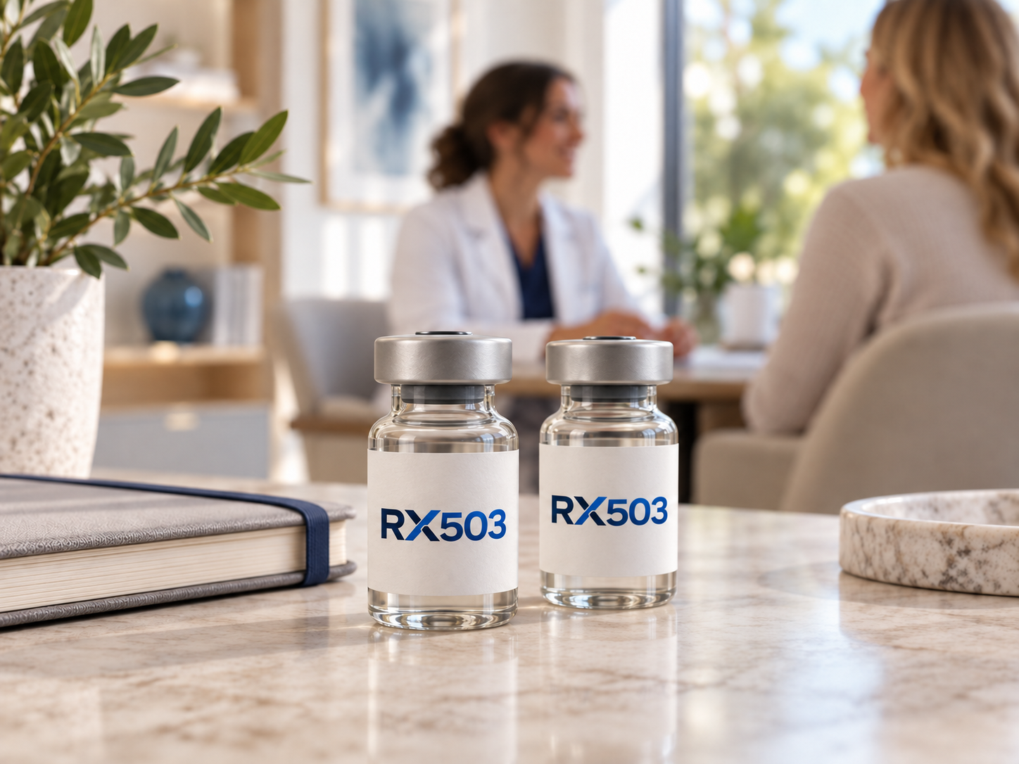 RX503 peptide vials in a clean blue studio setting